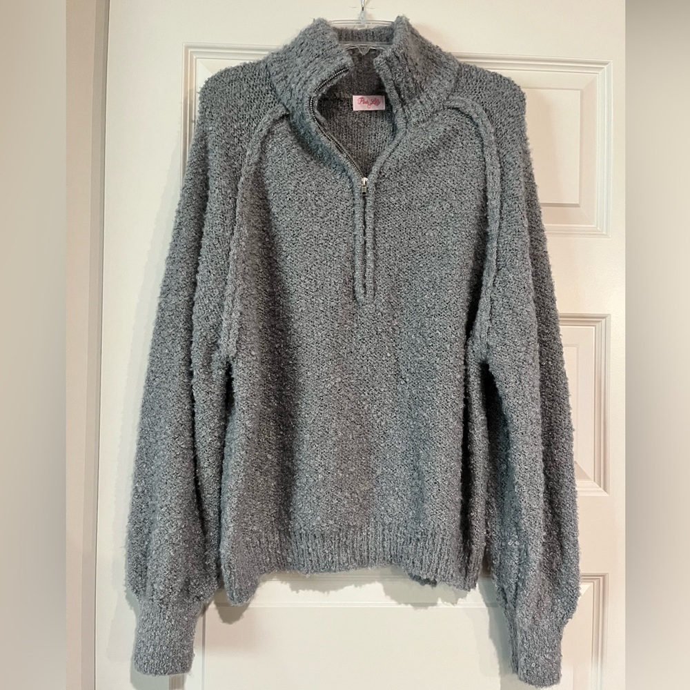 Pink Lily Textured Gray Three Quarter Zip Sweater